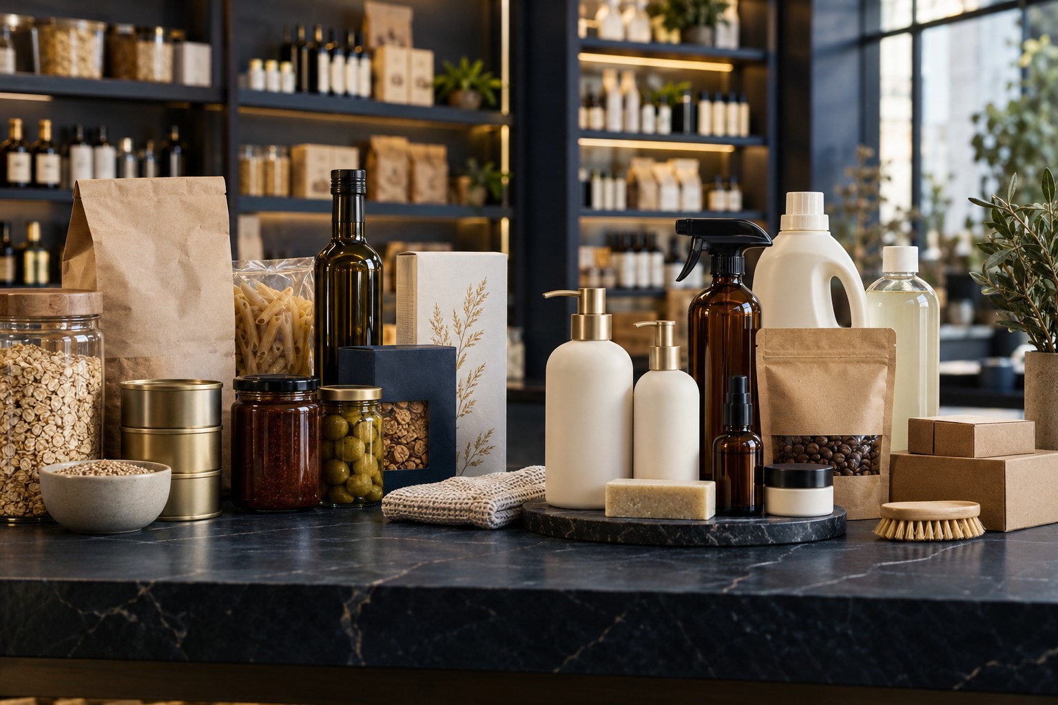 An assortment of packaged food, household and personal care products