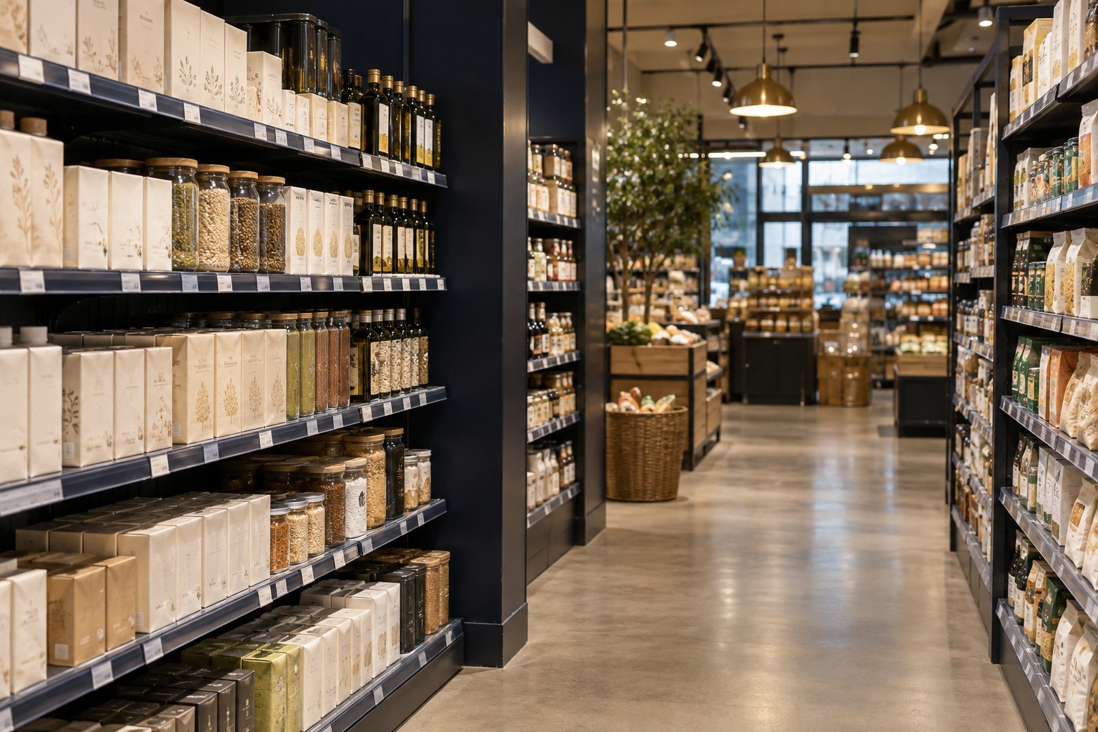 Organized shelves of everyday goods in a modern retail store