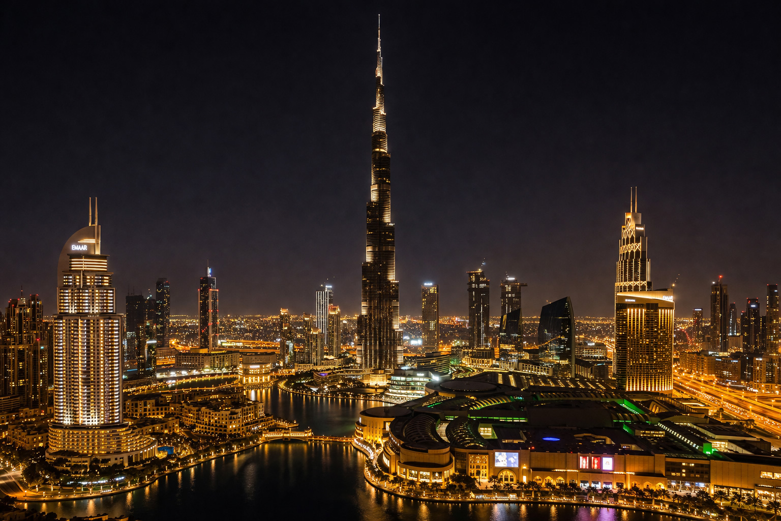 Gulf Area skyline with golden night lighting